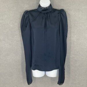FRAME Top Womens Sz M Navy Silk Mock Neck Dainty Lace Trim Renaissance Romantic